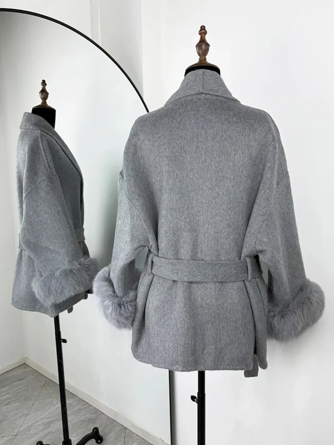 2025 Chic Lapel Plush Coat With Belt Women Vintage Faux Fur Sleeve Tweed Open Coats Female Autumn Winter Casual Street Outwear