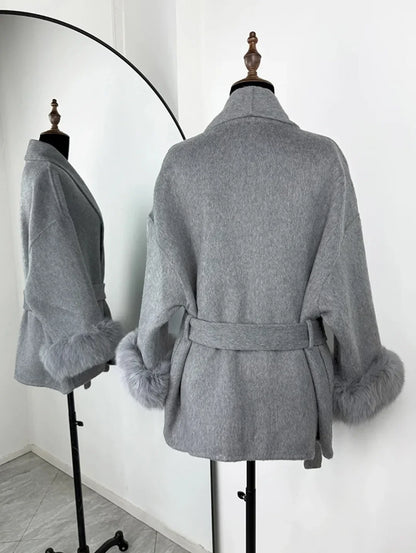 2025 Chic Lapel Plush Coat With Belt Women Vintage Faux Fur Sleeve Tweed Open Coats Female Autumn Winter Casual Street Outwear