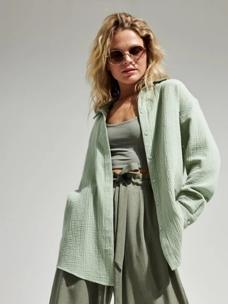 Muslin 100% Cotton Gauze Crepe For Women Shirts Blouse Turn Down Long Sleeve Single-Breasted Office Lady Loose Top Blusas Mujer