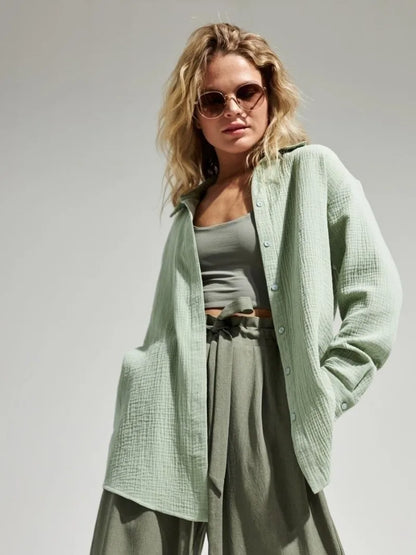 Muslin 100% Cotton Gauze Crepe For Women Shirts Blouse Turn Down Long Sleeve Single-Breasted Office Lady Loose Top Blusas Mujer