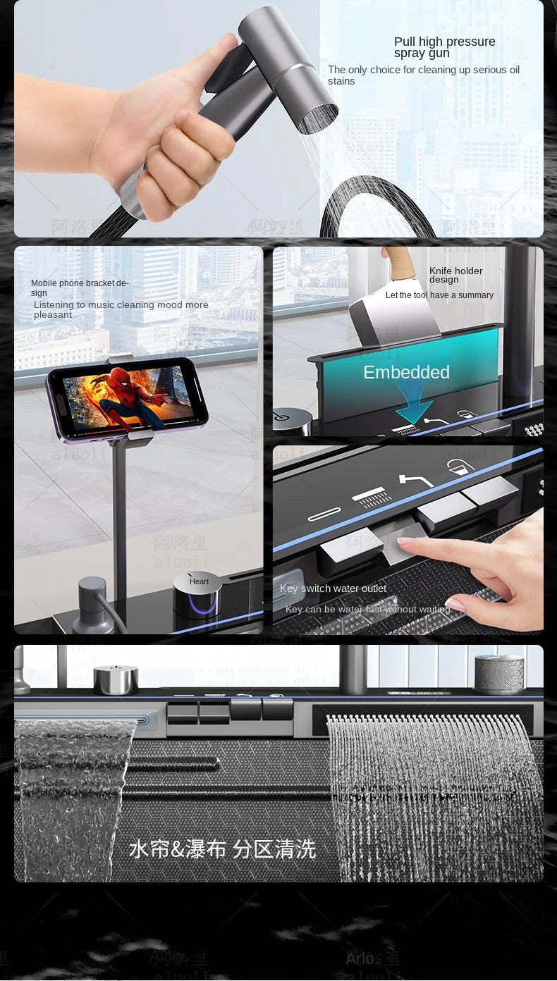 Kitchen 304 Stainless Steel Waterfall Sink, Large Single Slot, Digital Display Embossed Washing Basin Household Dishwashing Sink