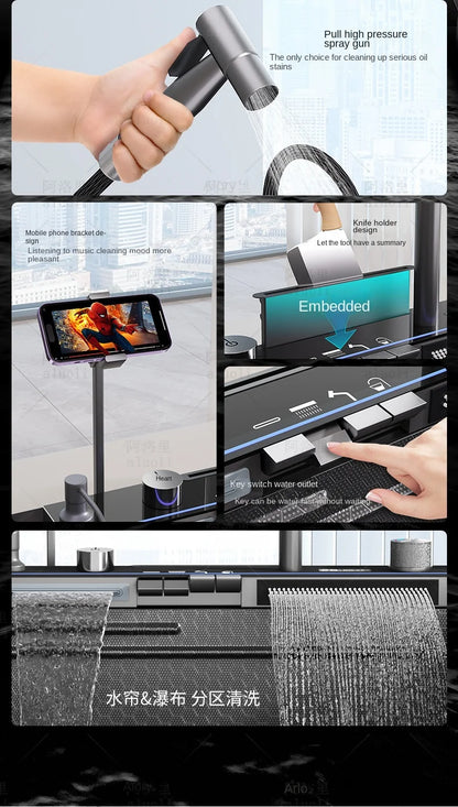 Kitchen 304 Stainless Steel Waterfall Sink, Large Single Slot, Digital Display Embossed Washing Basin Household Dishwashing Sink