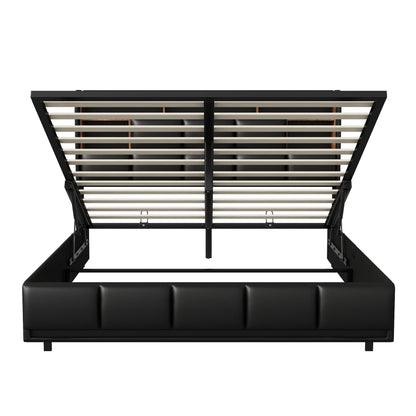 Lazyspace Modernes PU-Polsterbett, Doppelbettgestell, hydraulisches Bett mit Stauraum, Kopfteil mit LED-Licht und Ablagefach