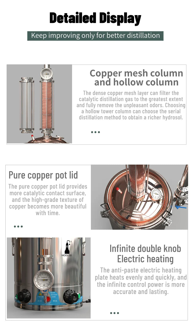 HOOLOO DW 25/50 Distiller Home Copper Still Hydrosol & Essential Oil Extractor Distillation Kit Multifunctional Distiller.