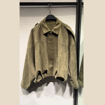 2025 herbst frauen Grün Wildleder Jacke Lose Revers Zipper Langarm Taschen Bomber Mantel Neue Mode Dame Dicke Streetwear