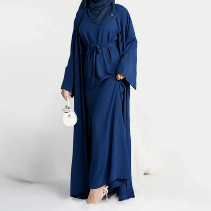 2 Piece Open Abaya for Women Long Hijab Dress Ramadan Eid Crepe Islamic Clothing Dubai Turkey Party Kaftan Outfit Muslim Set