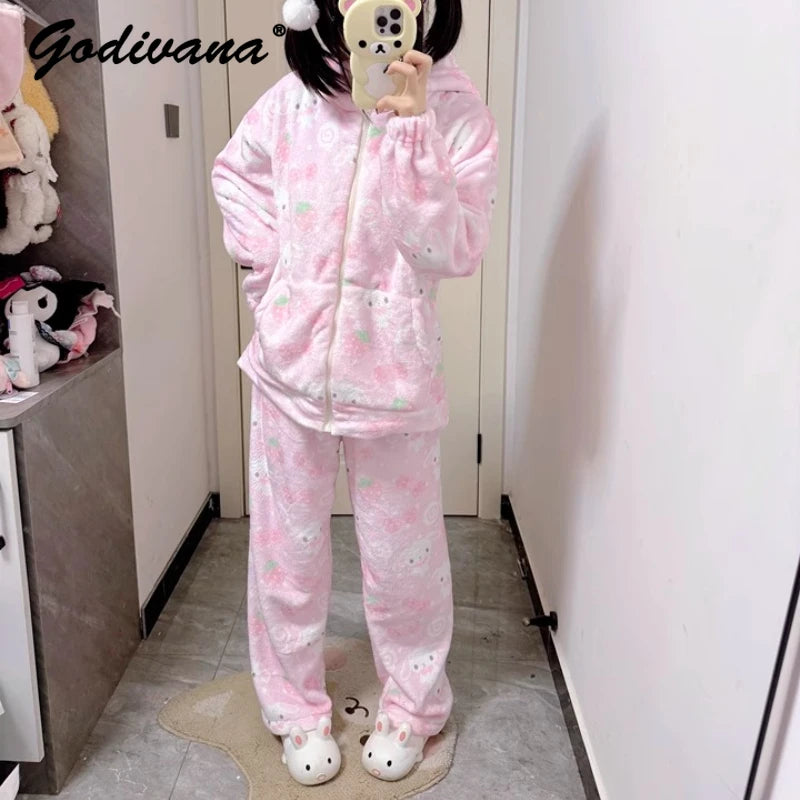 Japanese New Winter Sweet Cute Cartoon Rabbit Flannel Pajamas Set Daughter Girls Pink Thickened Loungewear Women's Sleepwear.