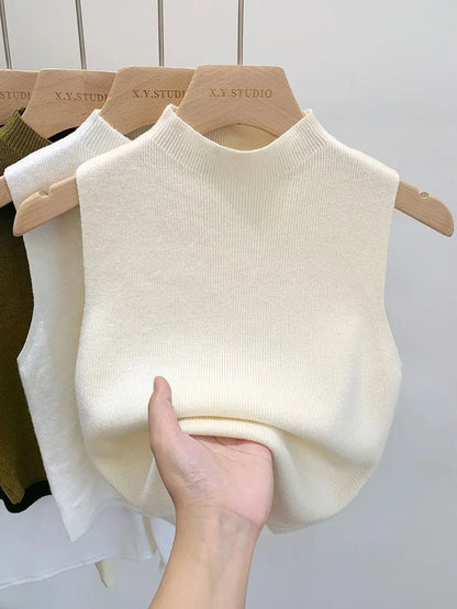 Frühling Herbst Temperament Gestrickte Pullover Weste frauen Hälfte-rollkragen Leibchen Cropped Top Ärmelloses Tank Top