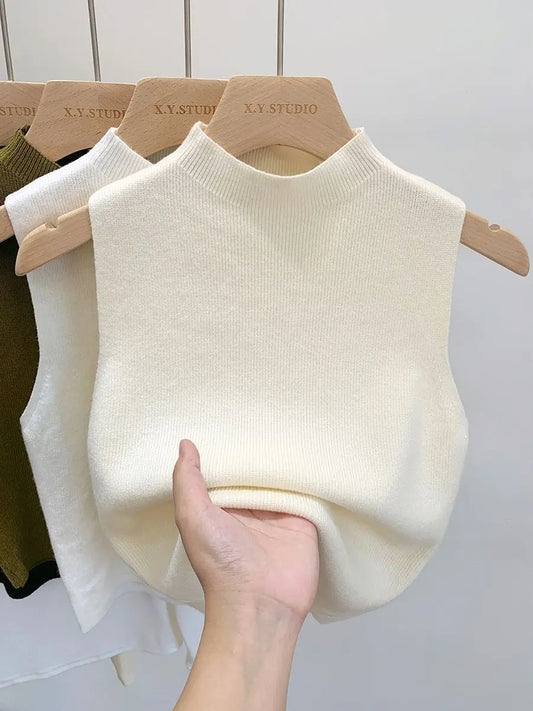 Frühling Herbst Temperament Gestrickte Pullover Weste frauen Hälfte-rollkragen Leibchen Cropped Top Ärmelloses Tank Top