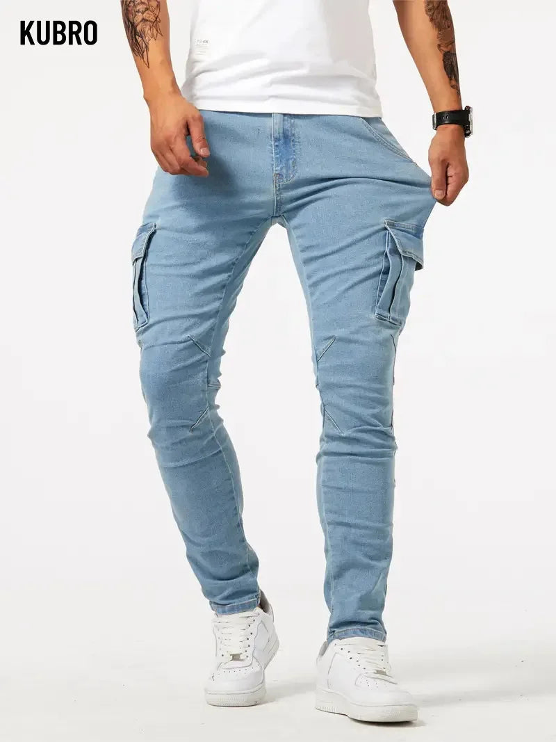 Street Elastic Jeans Men Denim Cargo Pants Wash Solid Color Multi Pockets Casual Mid Waist Trousers Slim Fit Daily Wear Joggers.