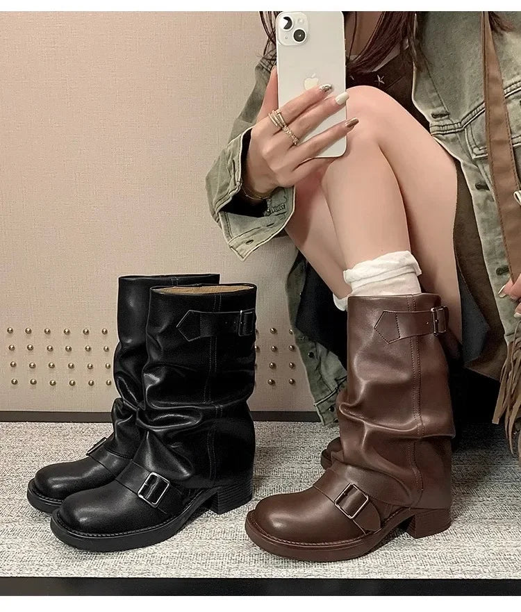 Pleated Buckle Knight Boots for Women Autumn Brown PU Leather Mid Calf Boots Woman Slip-On Thick Heel Riding Botas Mujer 2024.
