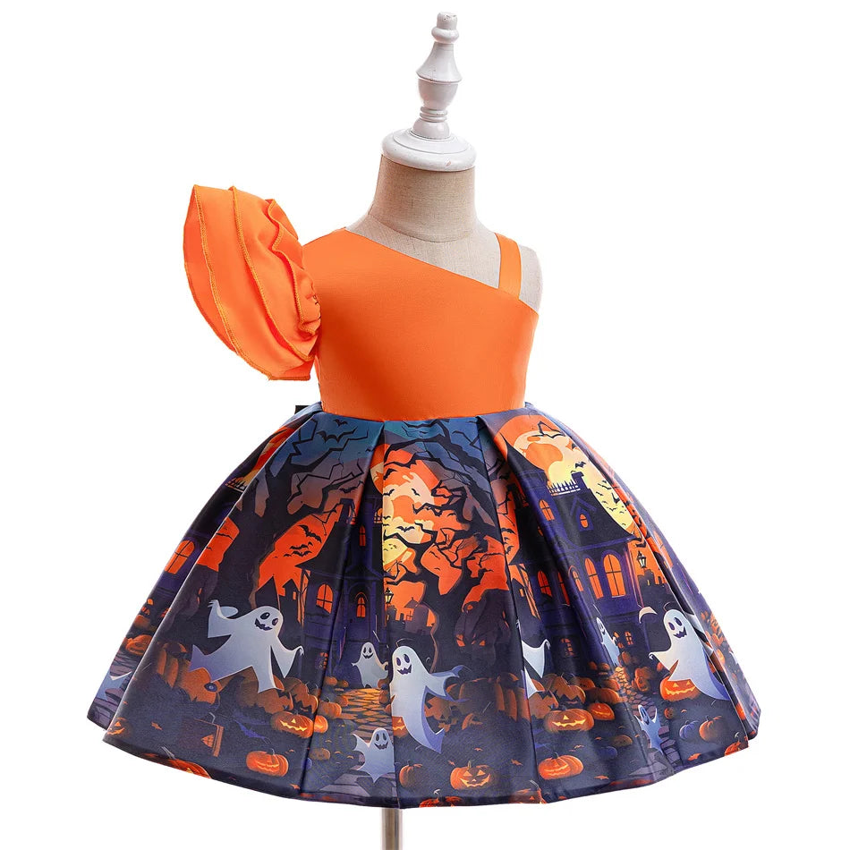 Kleinkind Halloween Kostüm Mädchen Cosplay Hexe Kürbis Skelett Druck Bowknot Kleid Kinder Festival Party Performance Kleidung.