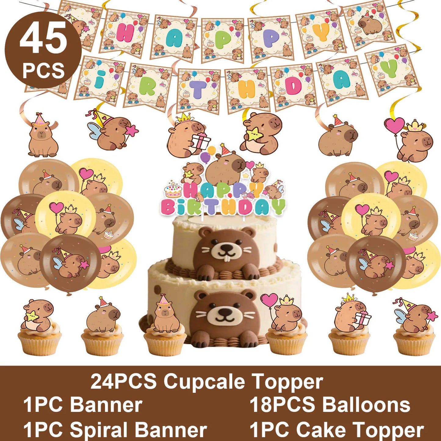 Capybara-Kuchenaufsatz, niedliche Tier-Cupcake-Dekorationen für Kinder, alles Gute zum Geburtstag, Partyzubehör, Capybara-Mottoparty-Dekorationen.