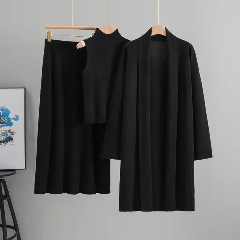 Women Knitted Sweater Muslim 3 Piece Set Long Cardigan Coat Skirt Vest Suit Knit Skirts Outfits Morocco Tracksuit Autumn Winter.