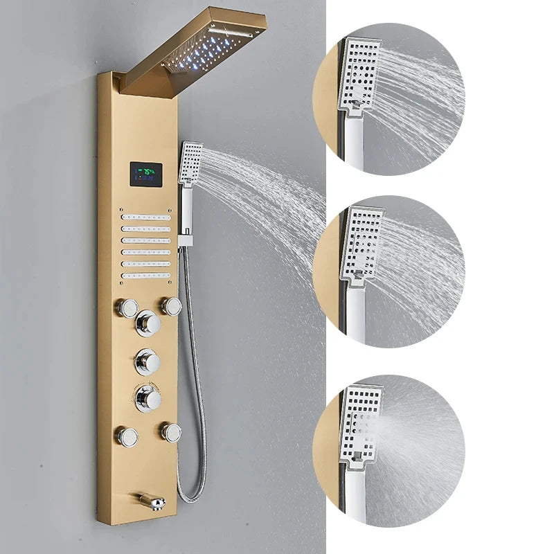 Golden Shower Panel LED Light Bathroom Bath Shower Column Tower Digital Screen Waterfall Rain shower Mixers Rotate Massage Jets