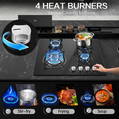 60cm Built-in Gas Hob 4 Burner | Auto Thermocouple & Safety Lock | 4-Zone Tempered Glass 8060W with Auto Ignition.