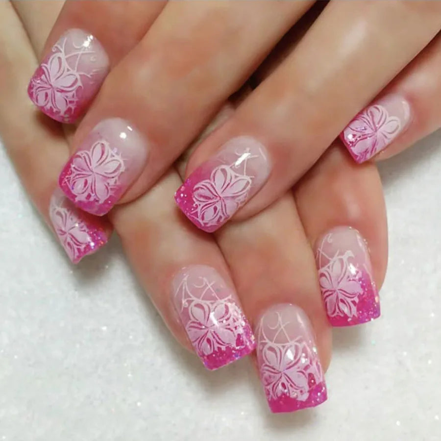 Mid-length Coffin Fake Nails 24Pcs White French Tip Ballerina Press On Nail Pink/White Flower Printed Spring/Summer DIY Manicure.