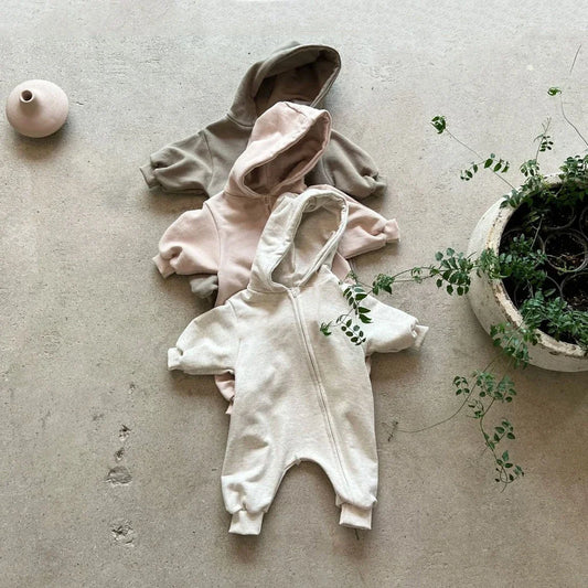 2024 Baby Kapuze Reiß verschluss Bodysuit Neugeborene Jungen und Mädchen Bergsteiger Anzug einfarbig Bodysuit Long Fit Sport Kletter anzug