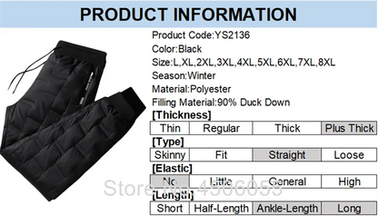 Winter Duck Down Pants Men Outdoor 8XL 7XL 6XL Plus Size Warm Padded Thicken Waterproof Thermal Trousers Windproof Male Jogger.