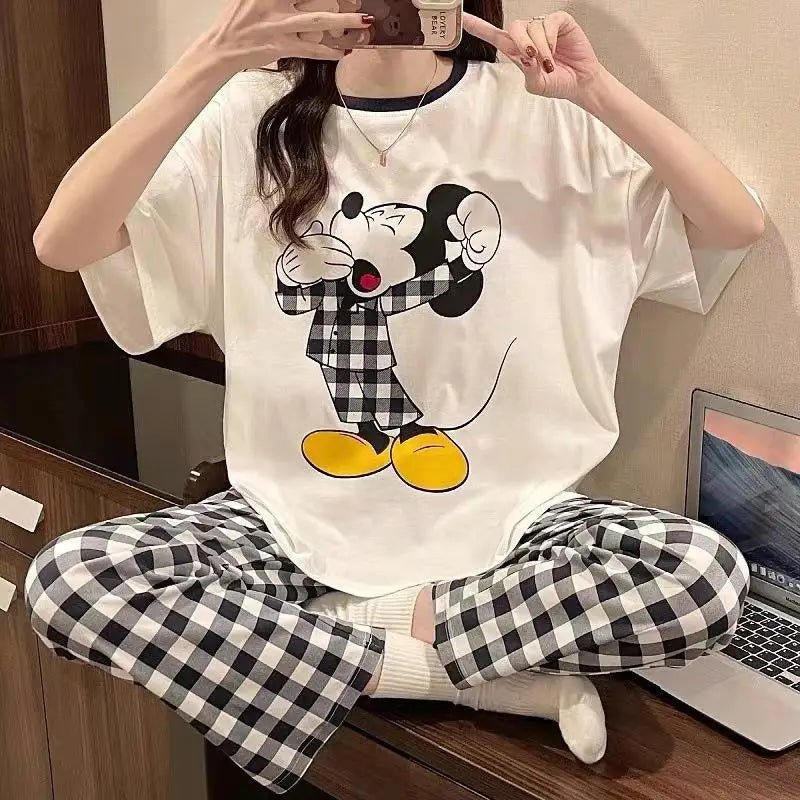 Sommer Pooh Bär Nachtwäsche frauen Lose Bequeme Cartoon Print Hause Kleidung Set Kurzarm Nachthemd Mickey Pyjama Set