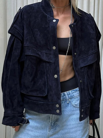 Wildleder Fleece Taschen Damen Jacken Mode Einreiher Langarm Mäntel Lose Gerade Kurze Tops Herbst Warme Kleidung.