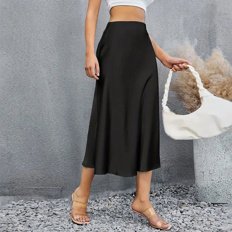 Women Fashion Satin Solid Pleated Midi Skirt Vintage Mid Elastic Waist Female Chic Lady Skirts Korean Pencil Skirt Silk like.