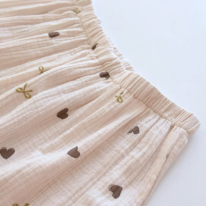 2025 neue Frühjahr/Sommer frauen Pyjama Set 100% Baumwolle Crepe Nette Liebe Langarm Lange Hosen Zwei Stück set Strickjacke Hause Kleidung.