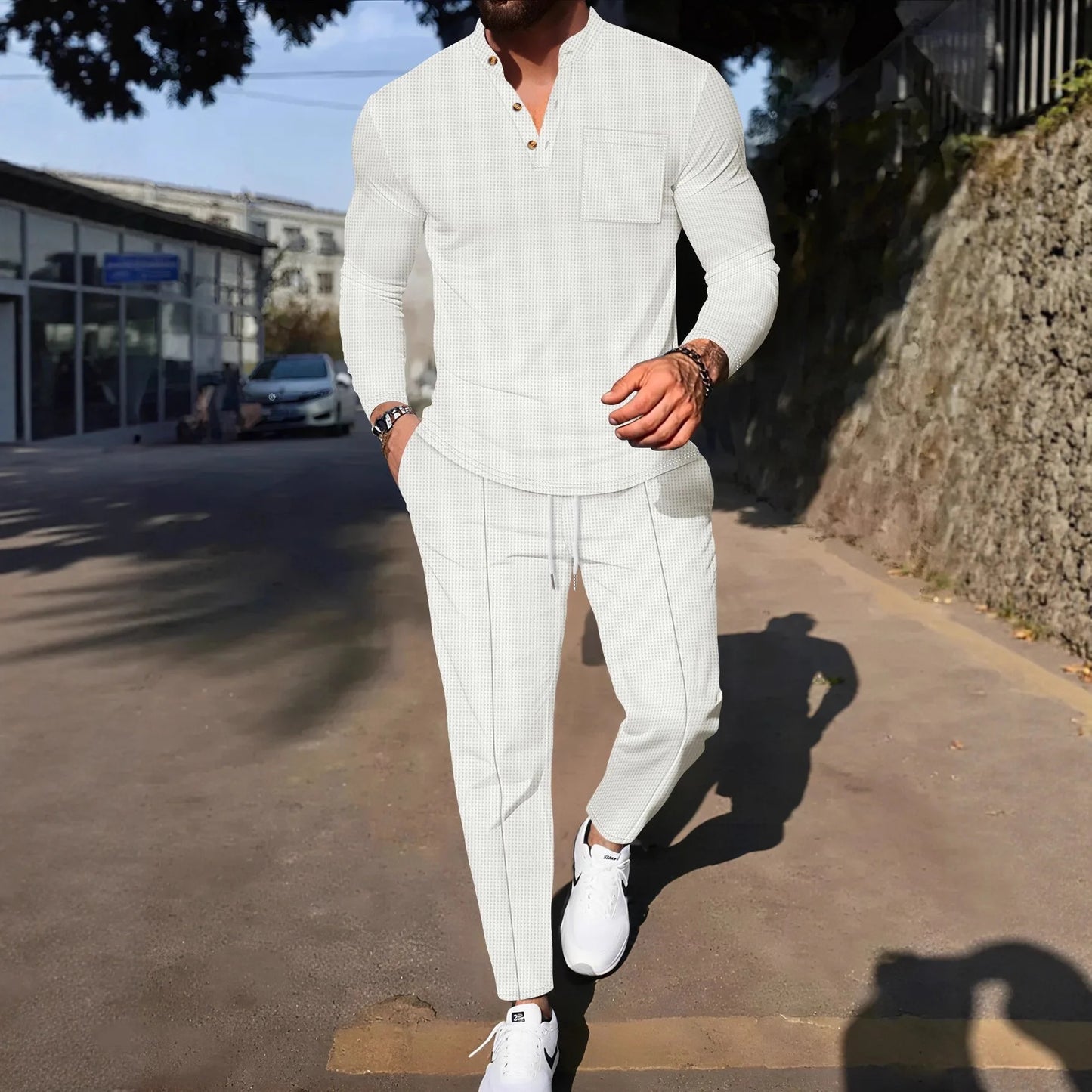 Men's Waffle Check Stand-Up Collar Semi-Casual Business Suit Two-Piece Set Button-Down Top with Comfortable Trousers