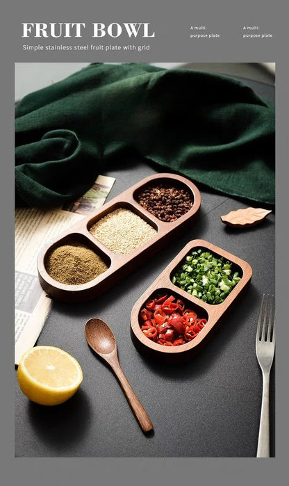 Seasoning Wood Snack Plate with Compartments 2/3/4 Grids Fruit Snacks Food Storage Trays Sauce Plate Kitchen Accessories 일본 주방용품.