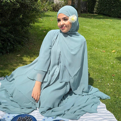 Eid Muslim Abaya for Women Chiffon 3 Layers Cake Party Cardigan Robe Jalabiya Dresses Ramadan Morocco Abayas Kaftan Vestidos.