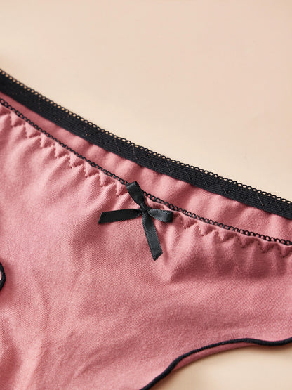 4pcs women's cotton solid color thong sexy comfortable women's underwear daily breathable T-back knitted bow cute girl low-waist.