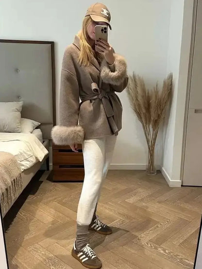 2025 Autumn Winter Chic Lapel Plush Coat With Belt Women Vintage Faux Fur Sleeve Tweed Open Coats Female Casual Street Outwear