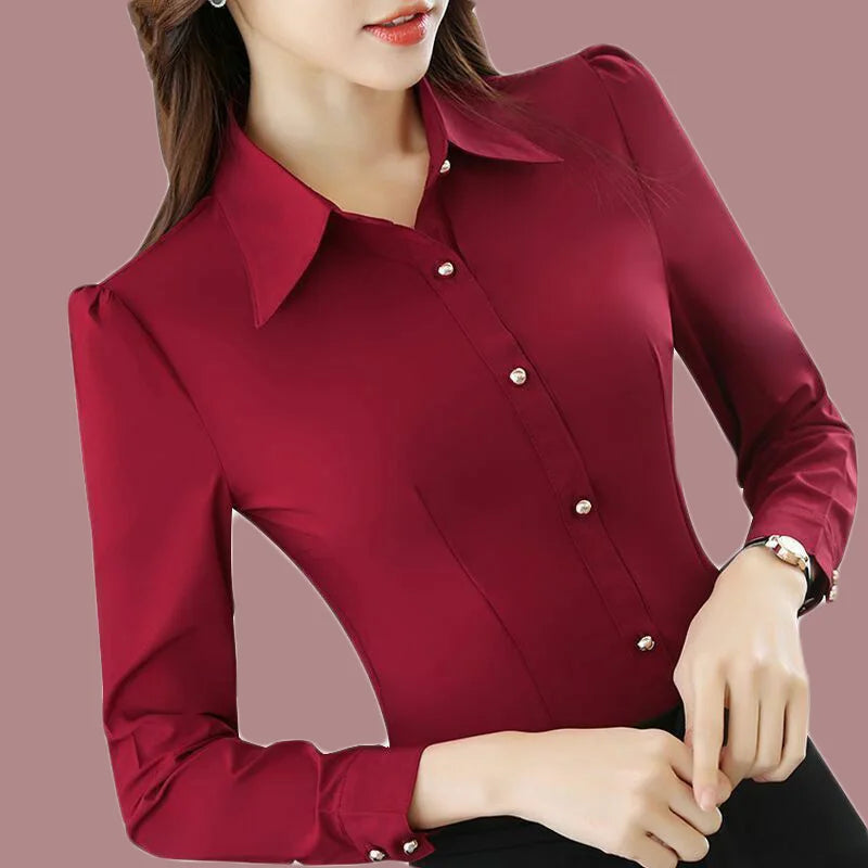 Red Women's Shirt Long Sleeve Blouse Autumn Women Shirts and Blouses Korean Fashion Slim Business Dress Shirt Women's Work Shirt.