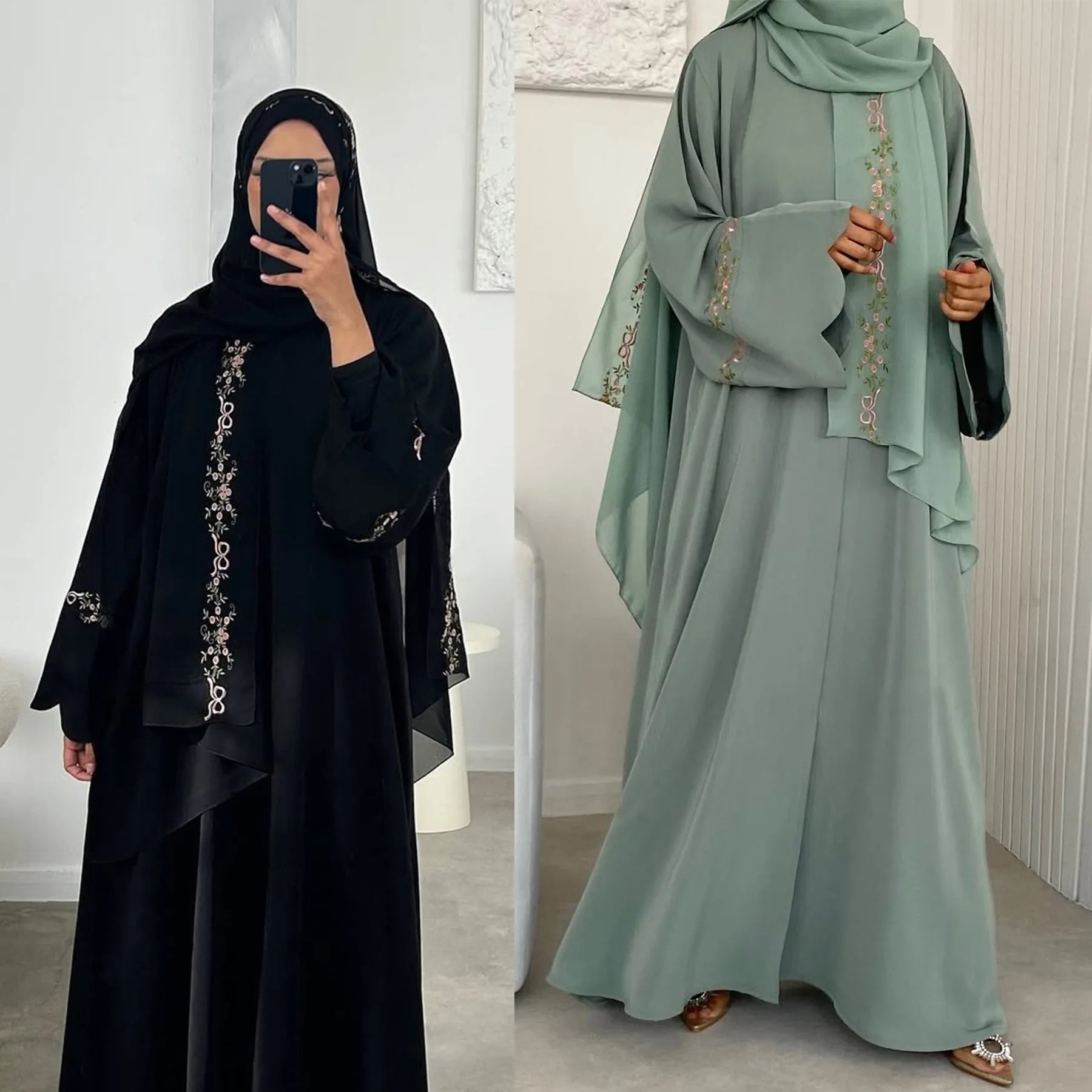 Front Open Abaya with Hijab 2 Piece Set Muslim Embroidery Abayas for Women Dubai Modest Islamic Clothing Kaftan Turkish Dresses.