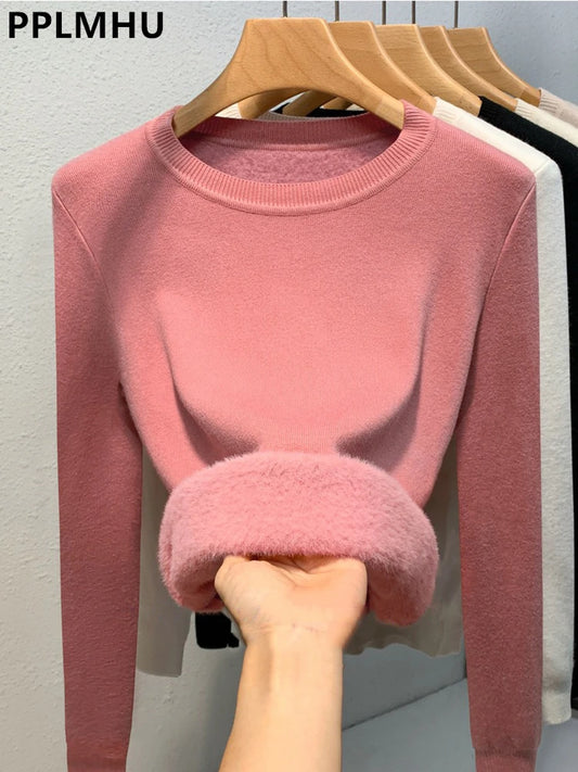 Rosa Pullover Frauen Winter Dicke Warme Stricken Pullover Schlank Plüsch Samt Gefüttert Strickwaren Jumper Langarm Tops Oansatz Poleras Mujer