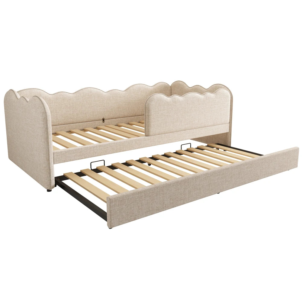 Gepolstertes Tagesbett 90x190cm, Tagesbett Schlafsofa mit ausziehbarem Bett 90x190cm, Kinderbett mit Gitter ohne Matratze