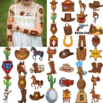 63 Stück Western Cowboy Temporäre Tattoos Wasserdicht Langlebig Körper Arm Fake Tattoo Einweg Tattoo Aufkleber für Männer Frauen.