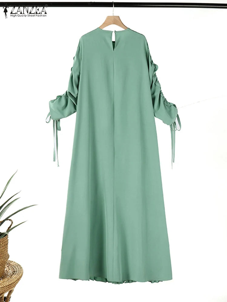 Muslim Hijab Dresses Abaya ZANZEA Spring Maxi Sundress Women Fashion Long Sleeve Pleated Party Dress IsIamic Clothing Robe Femme.