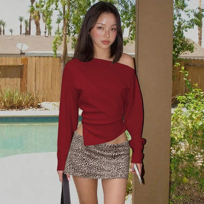 Mozision Inclined Shoulder Long Sleeve Sexy T-shirt Women Autumn Fashion Solid Skew Collar Backless Ruched Club Party T-shirts