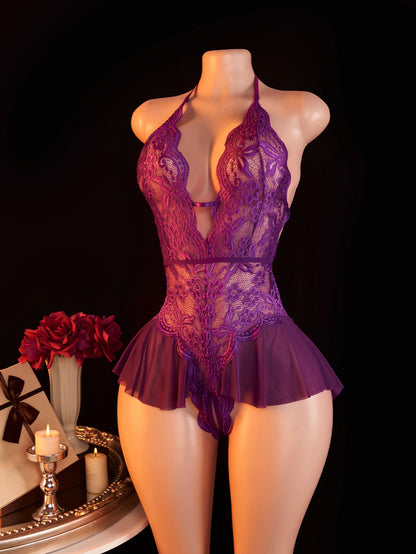 Pink Sexy Lace Bodysuits Crotchless Deep V Open Teddy Babydoll Sheer Sleepwear Elegant & Seductive Erotic Lingerie For Women.