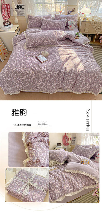 2025 new small fresh printing French lace lace double four-piece set bedding wrinkled yarn student three-piece set