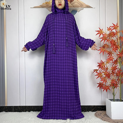 2024New Pure Cotton Ramadan Muslim Two-Hat Abaya Dubai Turkey Islam Prayer Clothes Loose Robe Islamic Women Traditional Clothing