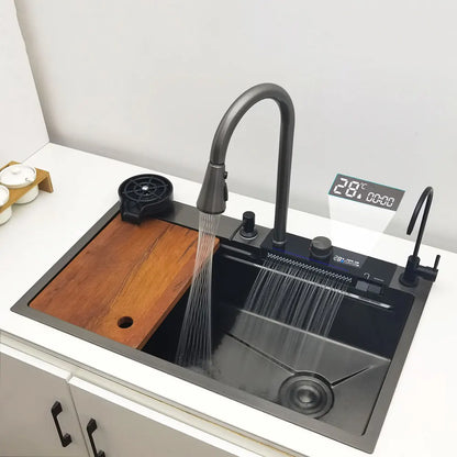 LED-Wasserfall-Küchenspüle, Spüle aus Edelstahl 304, großes Einzelbecken mit Multifunktions-Wasserfall-Wasserhahn über der Theke