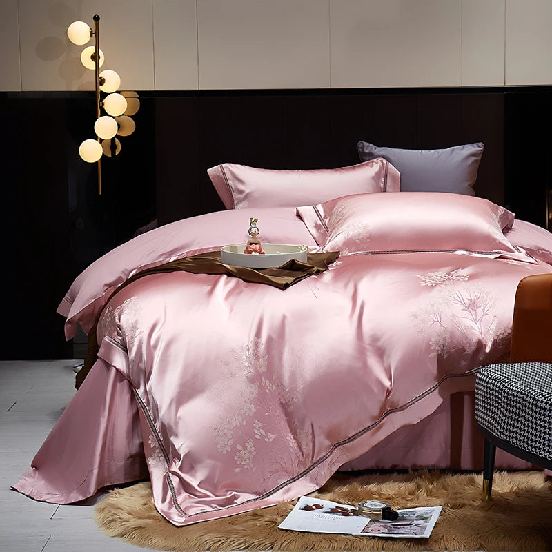 Luxury Satin Jacquard  Cotton Bedding Set Gold Leaves Egyptian Cotton Smooth Duvet Cover Set Flat/Fitted Sheet Pillowcases.