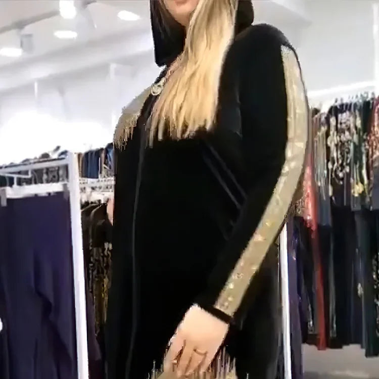 Long Sleeved Hooded Muslim Dress Velvet Diamond Clothing for Women Dubai Abayas Casual Korean Style Kaftan Evening Dress Abayas.