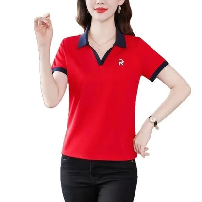 Loose Fit Polo Shirt Short Sleeve Turn-down Collar T-shirt for Middle-aged Mothers Summer New Style Sport Casual Top plus Size.