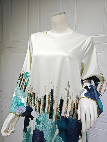 Siskakia Arab Saudi Printing Sequins Long Dresses Galabia Muslim Eid Women Abayas Islam Clothing Turkish African Kebaya 2024 New