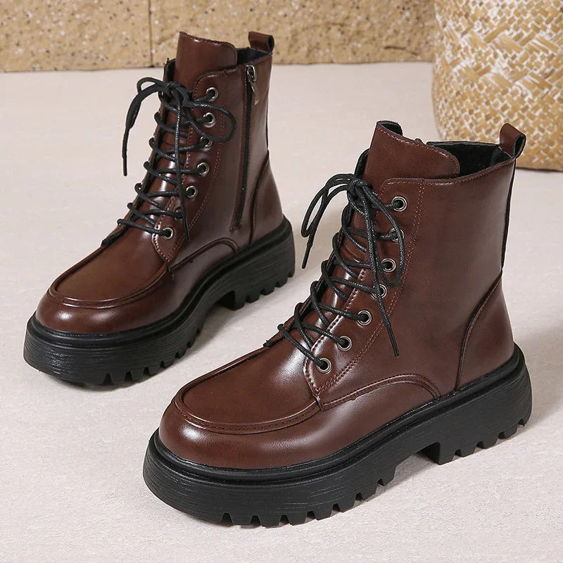 Women's Pu Leather Platform Ankle Boots Plus Size 35-42 Lace Up Motorcycle Boots Women Comfort Wide Leg Black Short Booties