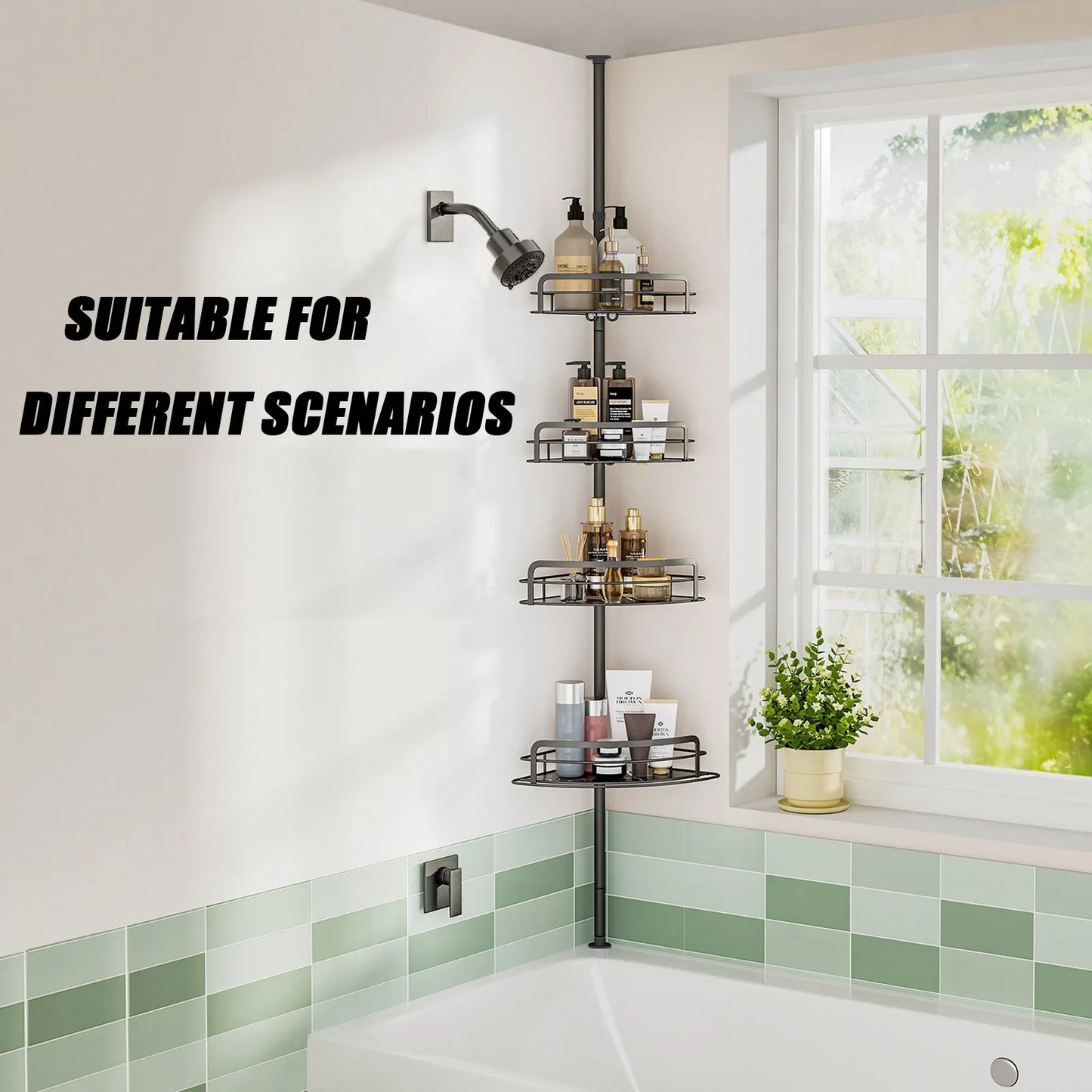 4-stufiges verstellbares Eck-Duschregal (82–296 cm) – kein Bohren, Spannstange, dreieckiger Organizer für Badezimmer, Küche, Aufbewahrung mit Haken