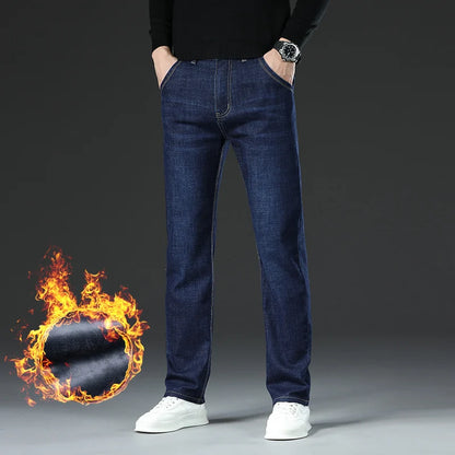 28-40 Large Size Winter Men Plush Thick Fleece Trouser Lambswool Thermal Jeans Casual Pants Windproof Warm Cotton Denim Pants.